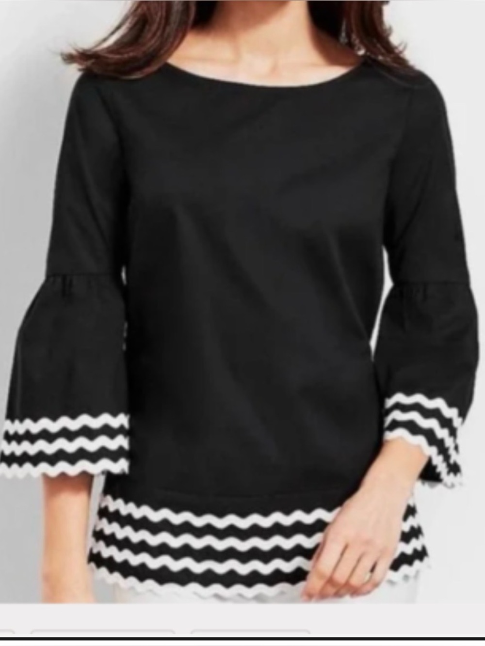Talbots Black Blouse with White Scalloped Trim